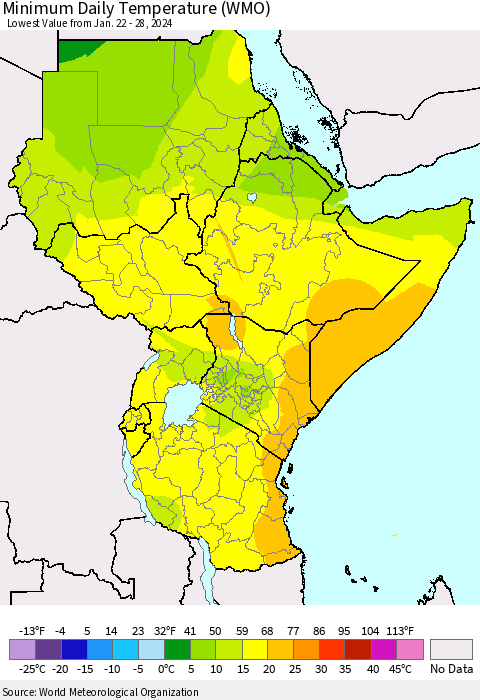 Eastern Africa Minimum Daily Temperature (WMO) Thematic Map For 1/22/2024 - 1/28/2024