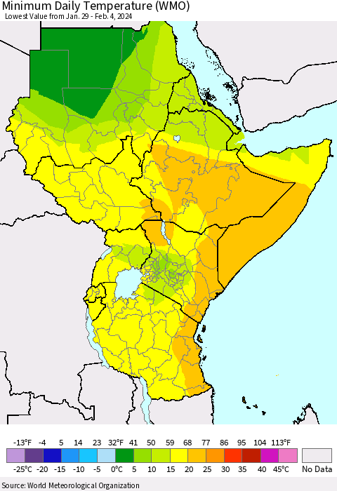 Eastern Africa Minimum Daily Temperature (WMO) Thematic Map For 1/29/2024 - 2/4/2024