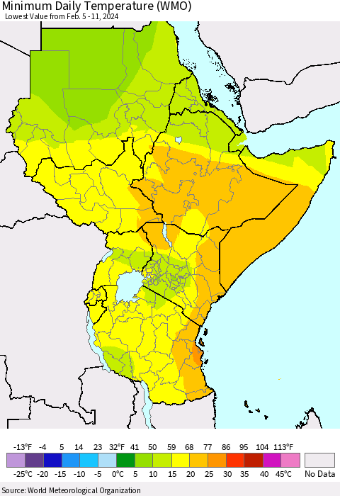 Eastern Africa Minimum Daily Temperature (WMO) Thematic Map For 2/5/2024 - 2/11/2024