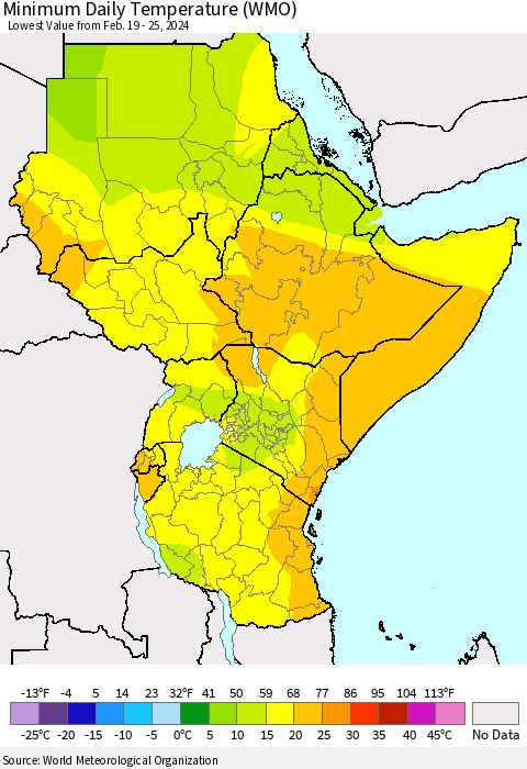 Eastern Africa Minimum Daily Temperature (WMO) Thematic Map For 2/19/2024 - 2/25/2024
