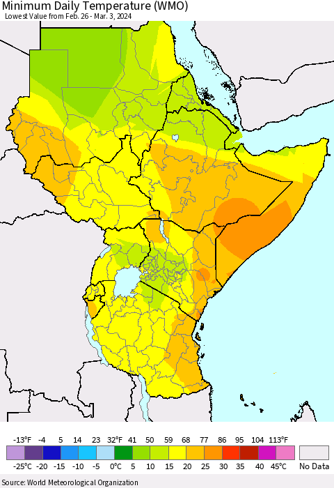 Eastern Africa Minimum Daily Temperature (WMO) Thematic Map For 2/26/2024 - 3/3/2024