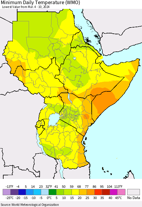 Eastern Africa Minimum Daily Temperature (WMO) Thematic Map For 3/4/2024 - 3/10/2024