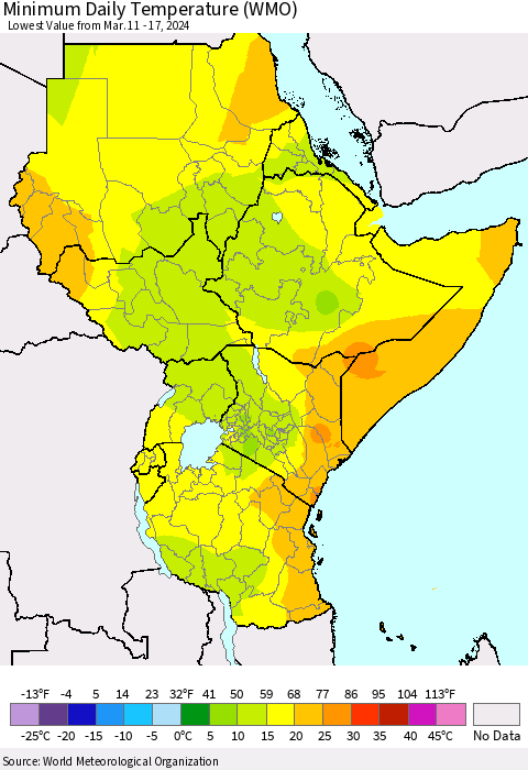 Eastern Africa Minimum Daily Temperature (WMO) Thematic Map For 3/11/2024 - 3/17/2024