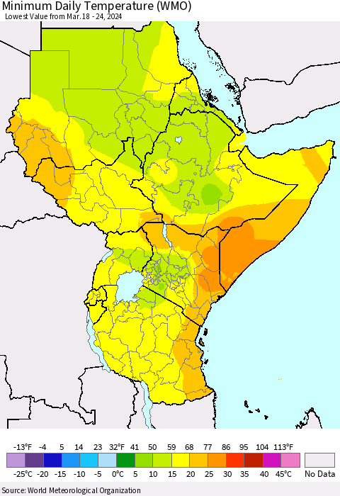 Eastern Africa Minimum Daily Temperature (WMO) Thematic Map For 3/18/2024 - 3/24/2024