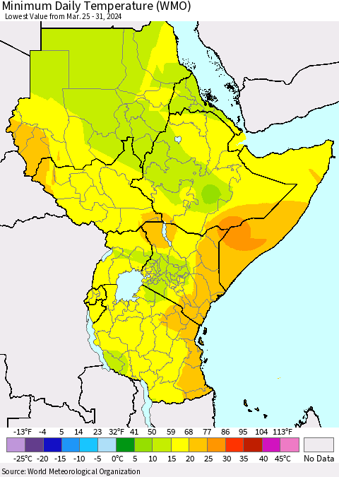Eastern Africa Minimum Daily Temperature (WMO) Thematic Map For 3/25/2024 - 3/31/2024
