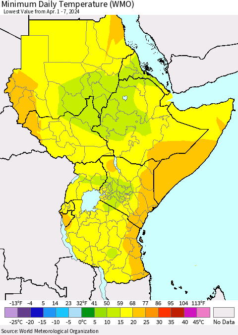 Eastern Africa Minimum Daily Temperature (WMO) Thematic Map For 4/1/2024 - 4/7/2024