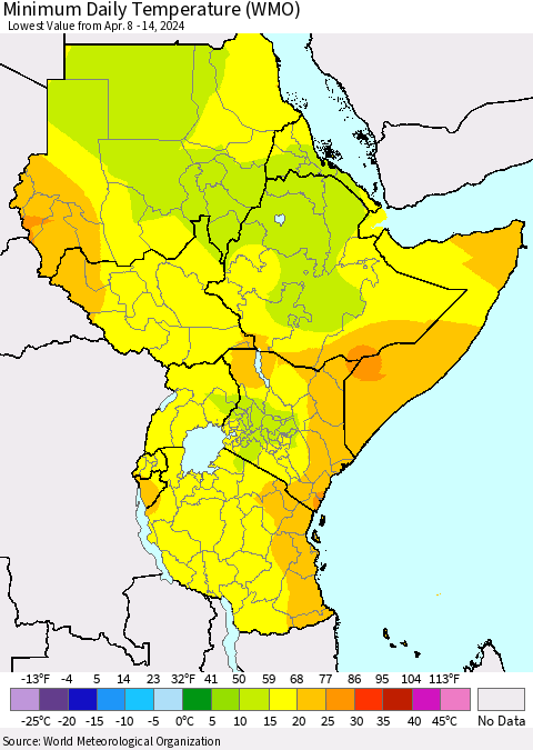 Eastern Africa Minimum Daily Temperature (WMO) Thematic Map For 4/8/2024 - 4/14/2024