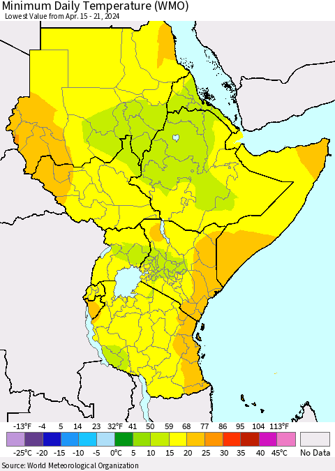 Eastern Africa Minimum Daily Temperature (WMO) Thematic Map For 4/15/2024 - 4/21/2024
