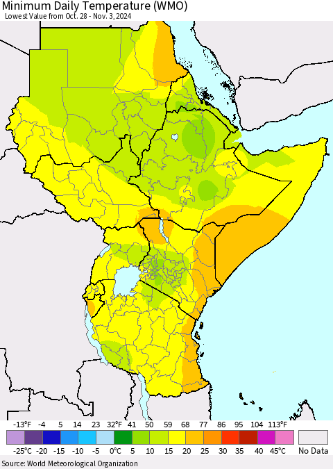 Eastern Africa Minimum Daily Temperature (WMO) Thematic Map For 10/28/2024 - 11/3/2024