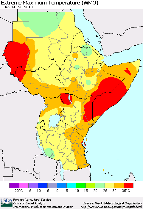 Eastern Africa Maximum Daily Temperature (WMO) Thematic Map For 1/14/2019 - 1/20/2019