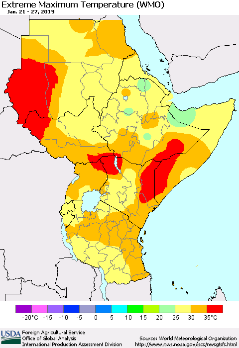 Eastern Africa Maximum Daily Temperature (WMO) Thematic Map For 1/21/2019 - 1/27/2019