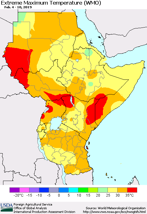 Eastern Africa Maximum Daily Temperature (WMO) Thematic Map For 2/4/2019 - 2/10/2019