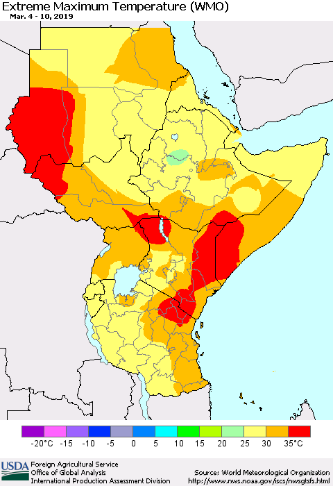 Eastern Africa Maximum Daily Temperature (WMO) Thematic Map For 3/4/2019 - 3/10/2019