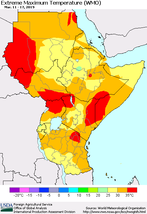 Eastern Africa Maximum Daily Temperature (WMO) Thematic Map For 3/11/2019 - 3/17/2019