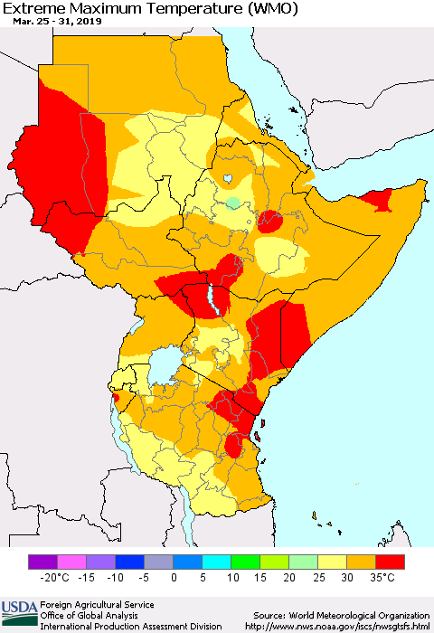 Eastern Africa Maximum Daily Temperature (WMO) Thematic Map For 3/25/2019 - 3/31/2019