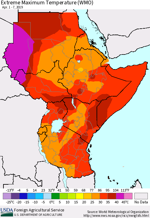 Eastern Africa Maximum Daily Temperature (WMO) Thematic Map For 4/1/2019 - 4/7/2019