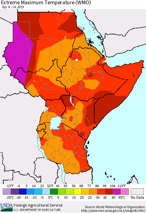 Eastern Africa Maximum Daily Temperature (WMO) Thematic Map For 4/8/2019 - 4/14/2019