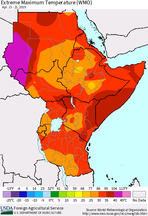 Eastern Africa Maximum Daily Temperature (WMO) Thematic Map For 4/15/2019 - 4/21/2019