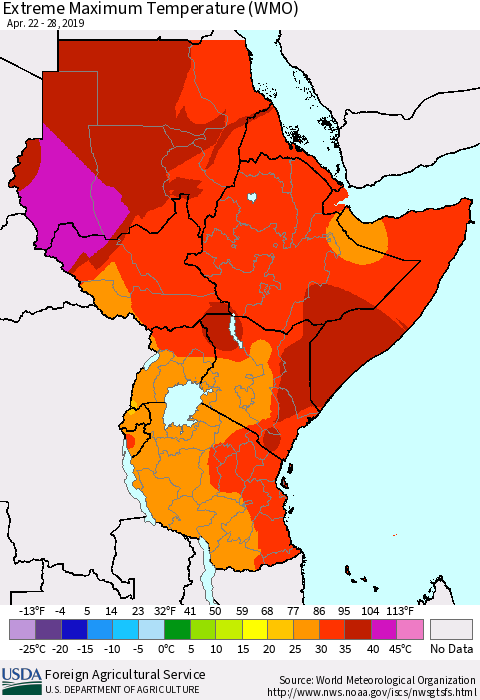 Eastern Africa Maximum Daily Temperature (WMO) Thematic Map For 4/22/2019 - 4/28/2019