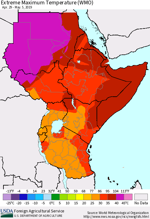 Eastern Africa Maximum Daily Temperature (WMO) Thematic Map For 4/29/2019 - 5/5/2019