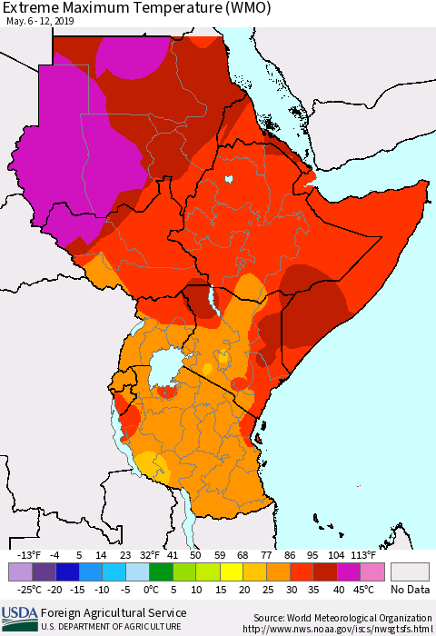 Eastern Africa Maximum Daily Temperature (WMO) Thematic Map For 5/6/2019 - 5/12/2019