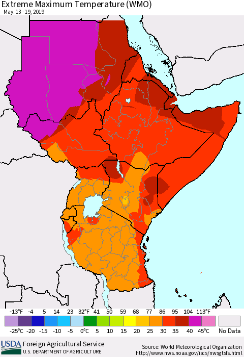 Eastern Africa Maximum Daily Temperature (WMO) Thematic Map For 5/13/2019 - 5/19/2019