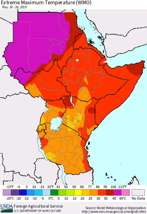 Eastern Africa Maximum Daily Temperature (WMO) Thematic Map For 5/20/2019 - 5/26/2019