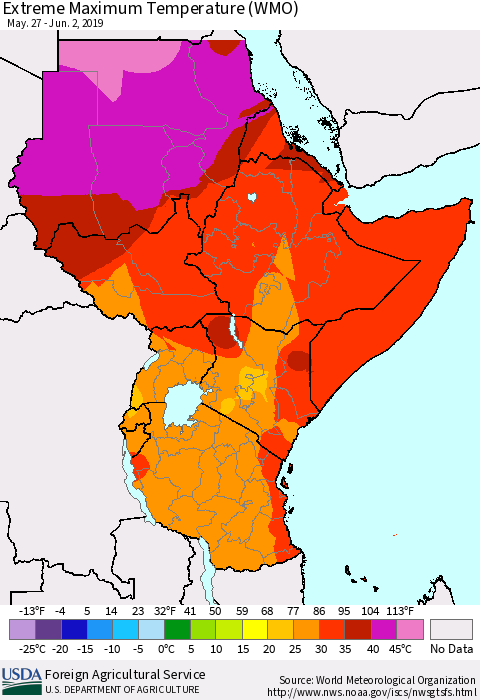 Eastern Africa Maximum Daily Temperature (WMO) Thematic Map For 5/27/2019 - 6/2/2019