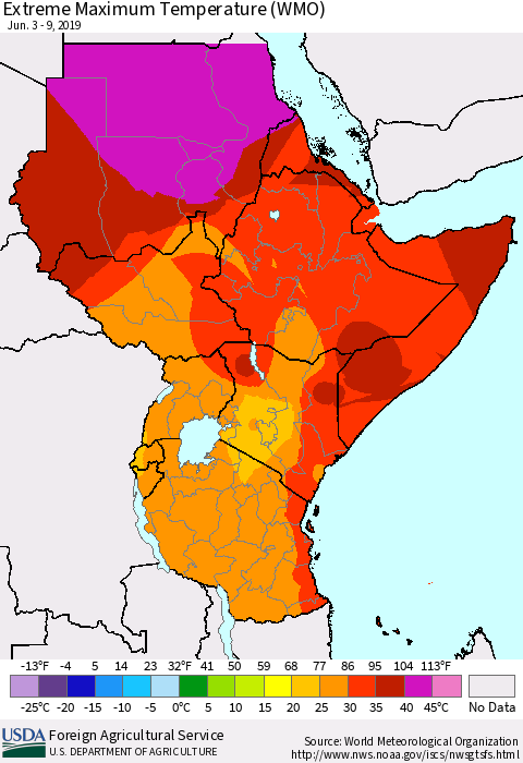 Eastern Africa Maximum Daily Temperature (WMO) Thematic Map For 6/3/2019 - 6/9/2019