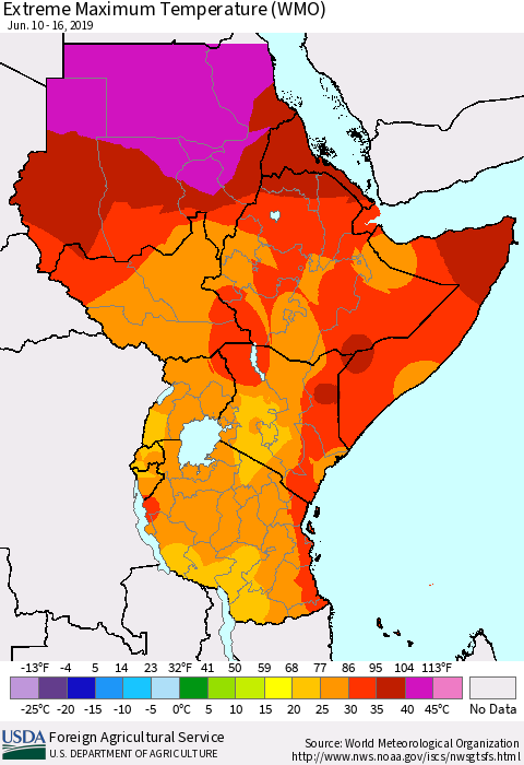 Eastern Africa Maximum Daily Temperature (WMO) Thematic Map For 6/10/2019 - 6/16/2019