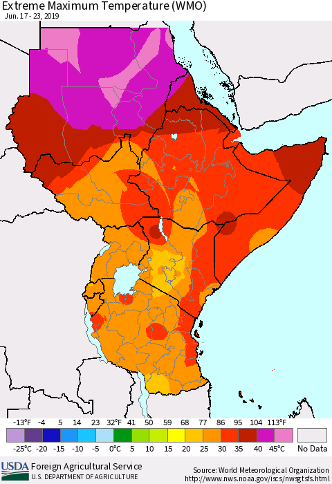 Eastern Africa Maximum Daily Temperature (WMO) Thematic Map For 6/17/2019 - 6/23/2019