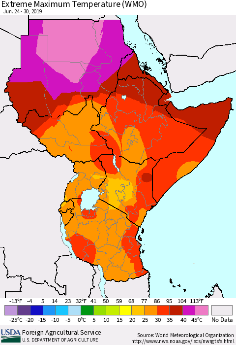 Eastern Africa Maximum Daily Temperature (WMO) Thematic Map For 6/24/2019 - 6/30/2019