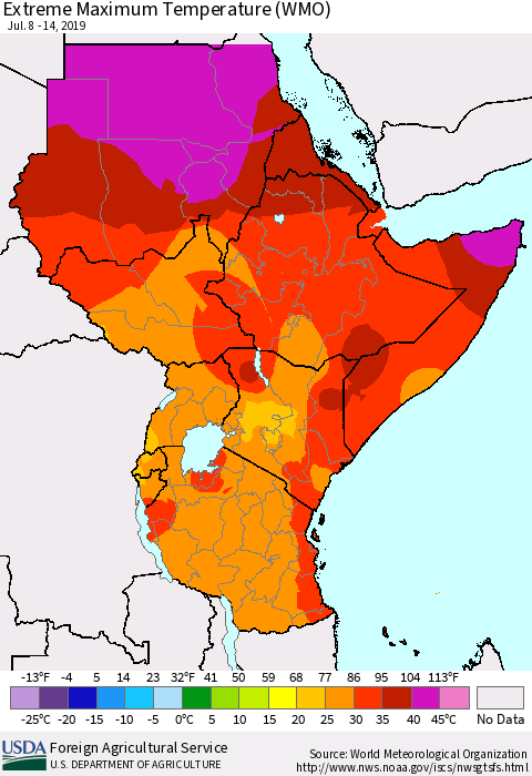 Eastern Africa Maximum Daily Temperature (WMO) Thematic Map For 7/8/2019 - 7/14/2019
