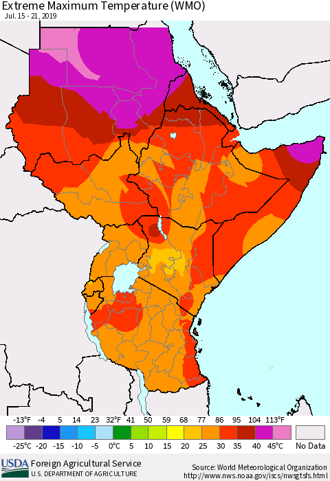 Eastern Africa Maximum Daily Temperature (WMO) Thematic Map For 7/15/2019 - 7/21/2019
