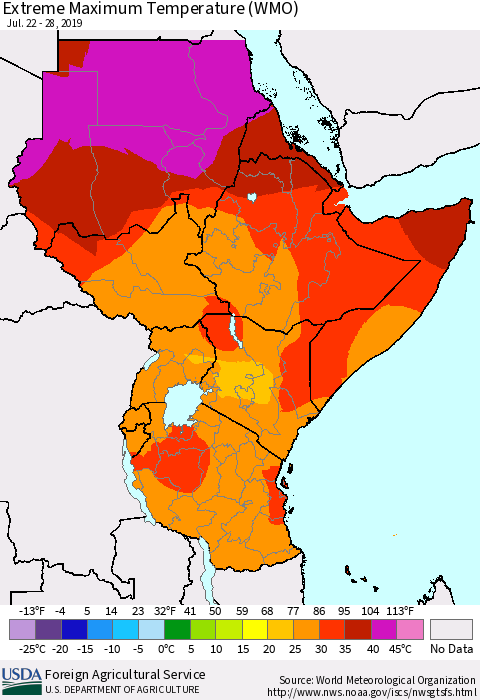 Eastern Africa Maximum Daily Temperature (WMO) Thematic Map For 7/22/2019 - 7/28/2019