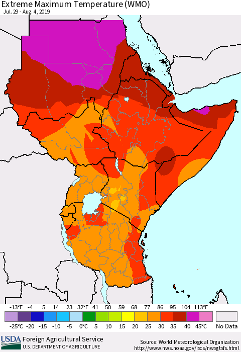 Eastern Africa Maximum Daily Temperature (WMO) Thematic Map For 7/29/2019 - 8/4/2019