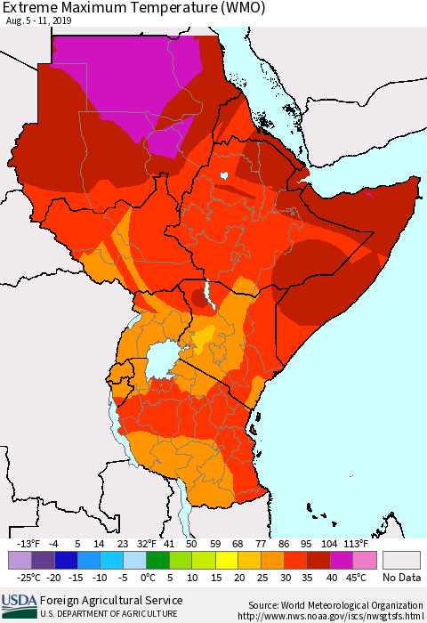 Eastern Africa Maximum Daily Temperature (WMO) Thematic Map For 8/5/2019 - 8/11/2019