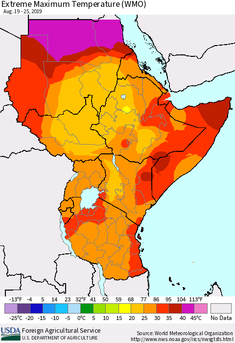 Eastern Africa Maximum Daily Temperature (WMO) Thematic Map For 8/19/2019 - 8/25/2019