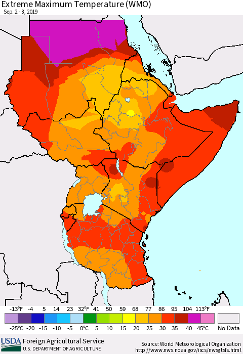 Eastern Africa Maximum Daily Temperature (WMO) Thematic Map For 9/2/2019 - 9/8/2019