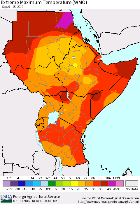 Eastern Africa Maximum Daily Temperature (WMO) Thematic Map For 9/9/2019 - 9/15/2019