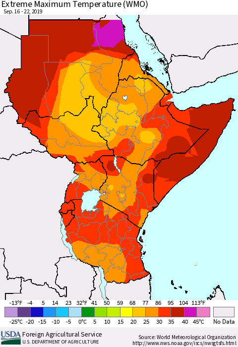 Eastern Africa Maximum Daily Temperature (WMO) Thematic Map For 9/16/2019 - 9/22/2019