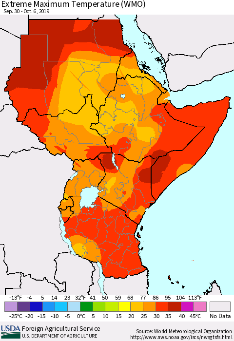 Eastern Africa Maximum Daily Temperature (WMO) Thematic Map For 9/30/2019 - 10/6/2019