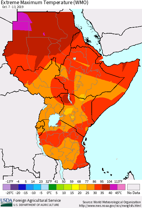 Eastern Africa Extreme Maximum Temperature (WMO) Thematic Map For 10/7/2019 - 10/13/2019