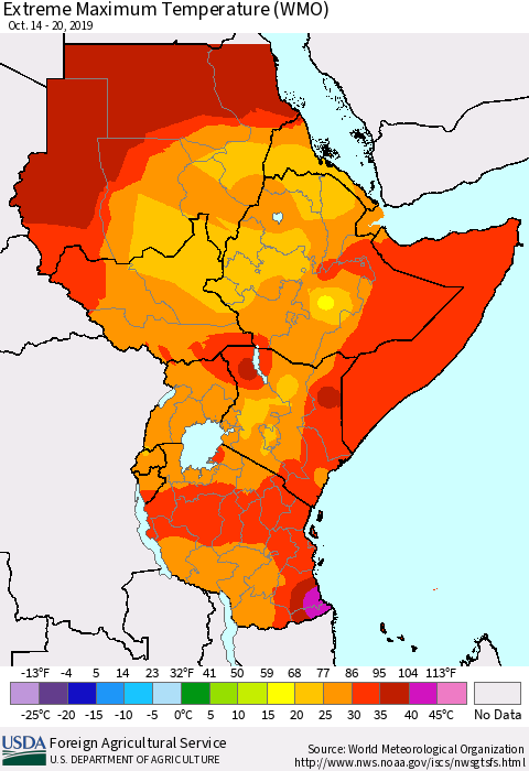 Eastern Africa Extreme Maximum Temperature (WMO) Thematic Map For 10/14/2019 - 10/20/2019