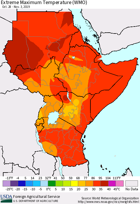 Eastern Africa Maximum Daily Temperature (WMO) Thematic Map For 10/28/2019 - 11/3/2019
