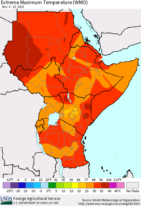Eastern Africa Maximum Daily Temperature (WMO) Thematic Map For 11/4/2019 - 11/10/2019