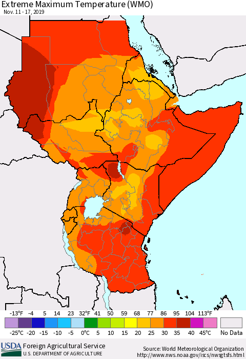 Eastern Africa Extreme Maximum Temperature (WMO) Thematic Map For 11/11/2019 - 11/17/2019