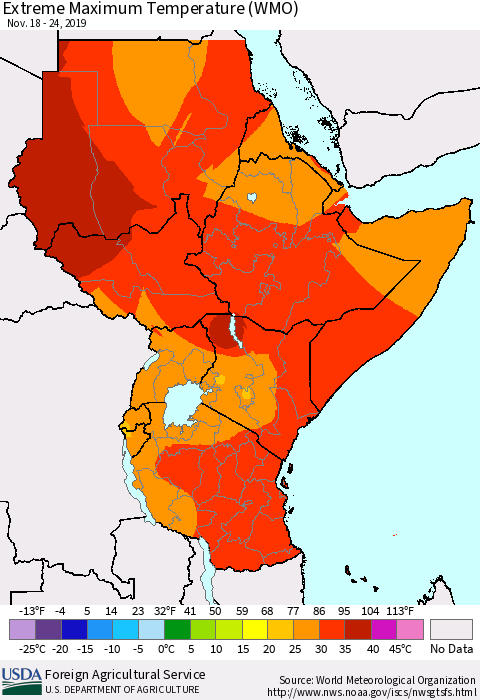 Eastern Africa Extreme Maximum Temperature (WMO) Thematic Map For 11/18/2019 - 11/24/2019