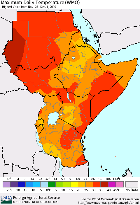 Eastern Africa Extreme Maximum Temperature (WMO) Thematic Map For 11/25/2019 - 12/1/2019