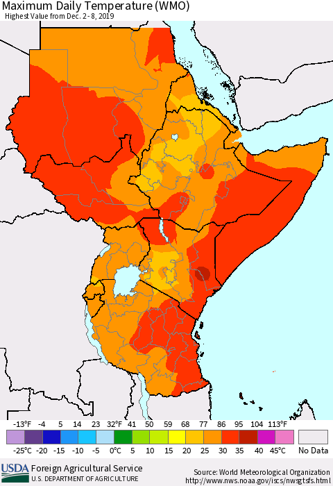 Eastern Africa Extreme Maximum Temperature (WMO) Thematic Map For 12/2/2019 - 12/8/2019